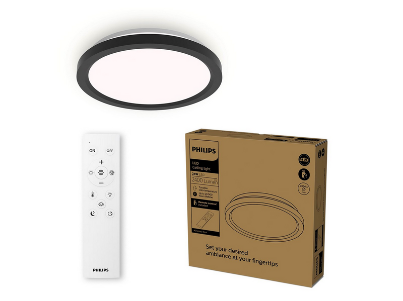 Philips AIO Ceiling Light with Remote (Round Black) – 24W Integrated LED Lamp