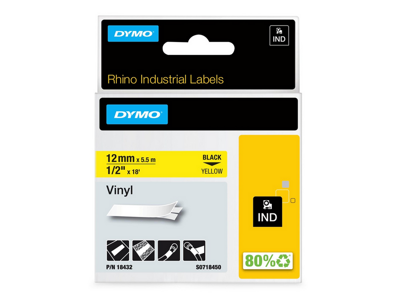 DYMO Rhino-Industrie-Vinyletiketten | 12 mm x 5,5 m | schwarz auf gelb |