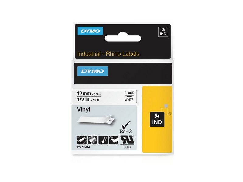 DYMO Rhino-Industrie-Vinyletiketten | 12 mm x 5,5 m | schwarz auf weiß |