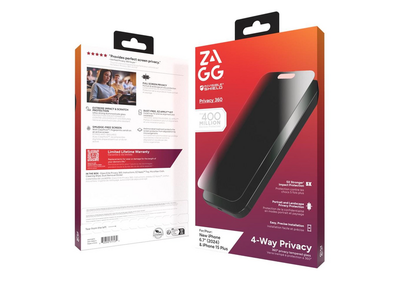 ZAGG InvisibleShield Glass Elite Privacy 360 for Apple iPhone 15 Plus / 16 Plus