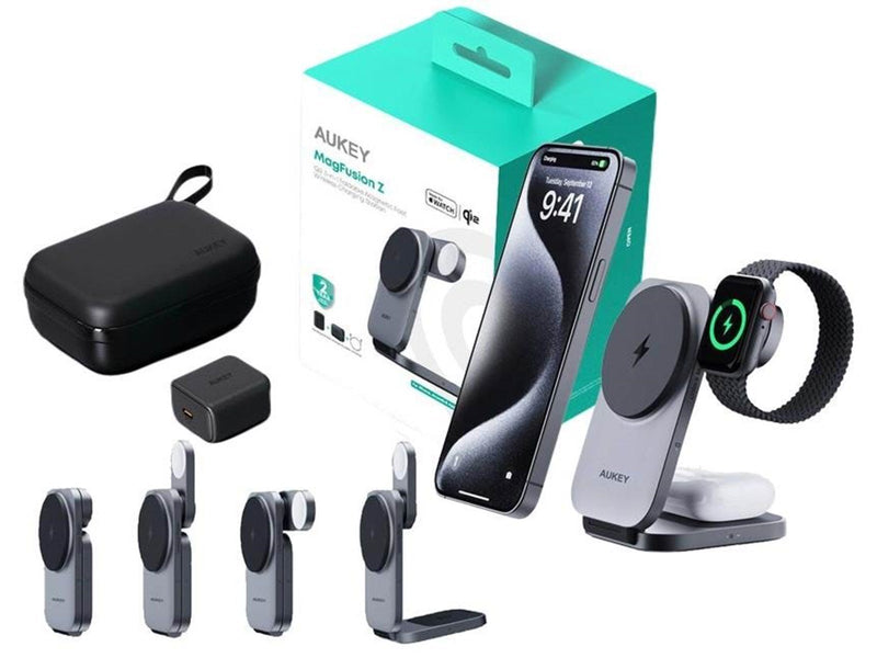 Aukey LC-MC312 MagFusion Z Qi2 3-in-1 Foldable Wireless Charging Station