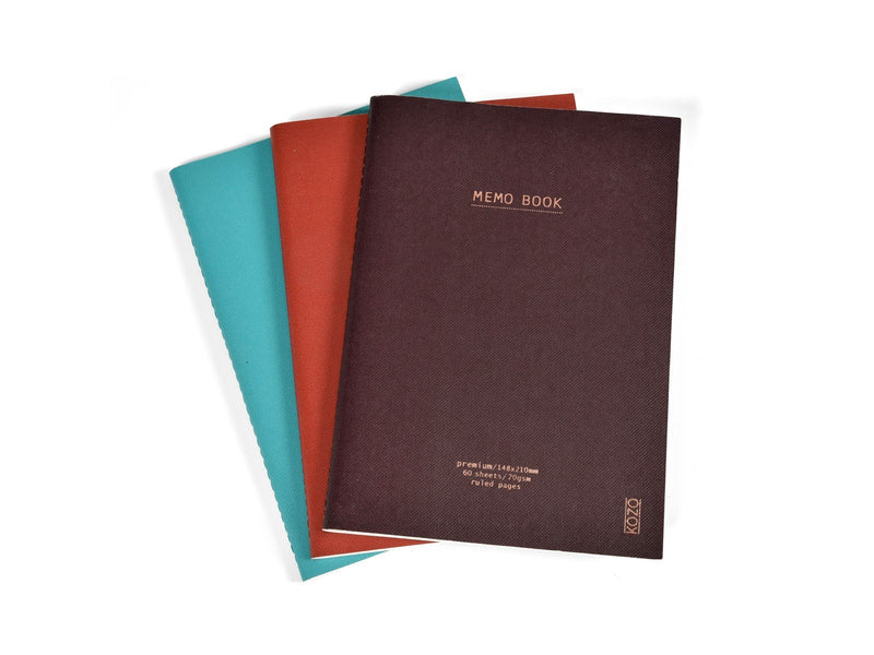 KOZO Memo Book A5 3 Pack Coffee Bric Steel Blue