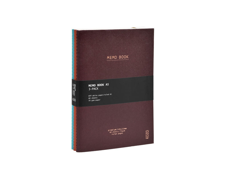 KOZO Memo Book A5 3 Pack Coffee Bric Steel Blue