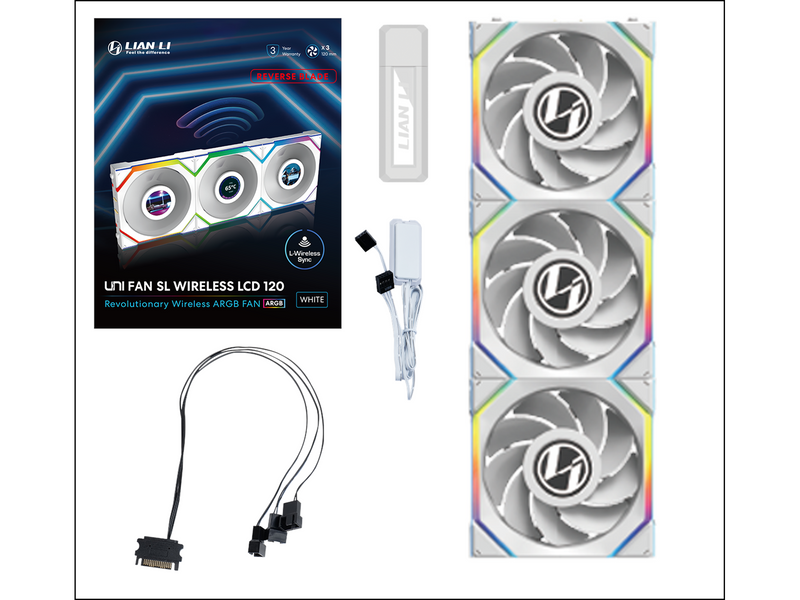 Lian Li UNI FAN SL Wireless LCD Reverse 3 pack White - Gehäuselüfter - 120mm - Weiß mit RGB-Beleuchtung - 29 dBA