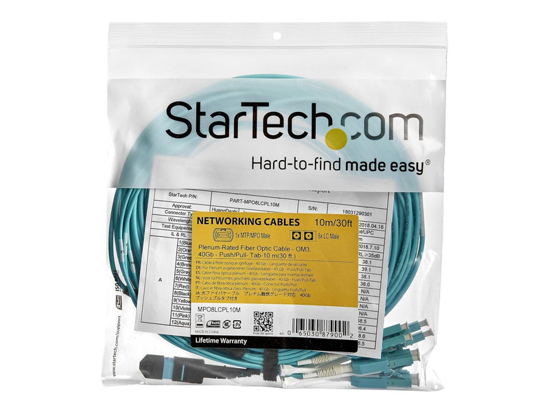 StarTech.com MTP to LC Breakout Cable - 30 ft / 10m - OM3 Multimode - 40Gb - Pull Tab - Plenum - MPO / MTP Connector - Fiber Opt