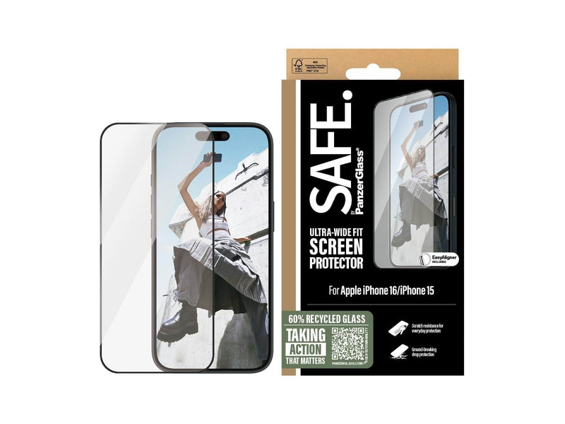 SAFE. by PanzerGlass Screen Protection w. Black Frame iPhone 16 | 15 | Ultra-Wide Fit