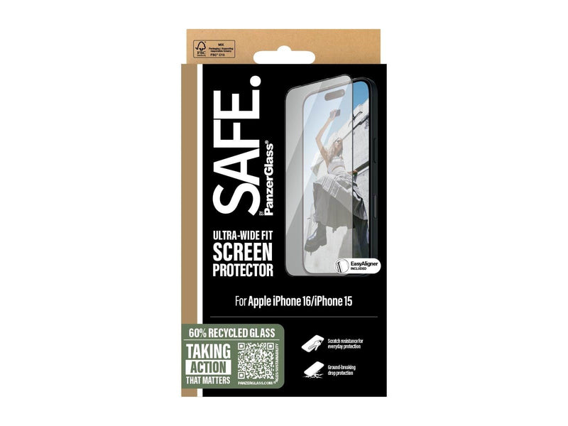 SAFE. by PanzerGlass Screen Protection w. Black Frame iPhone 16 | 15 | Ultra-Wide Fit