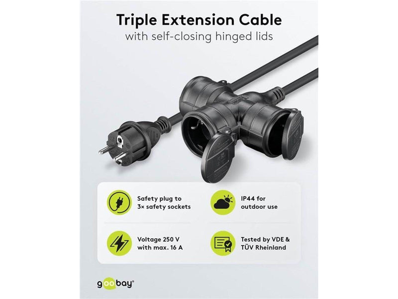 Pro Outdoor Triple Extension Cable - Power (CEE 7/7) - Type E/F Plug - Schwarz - 10 m