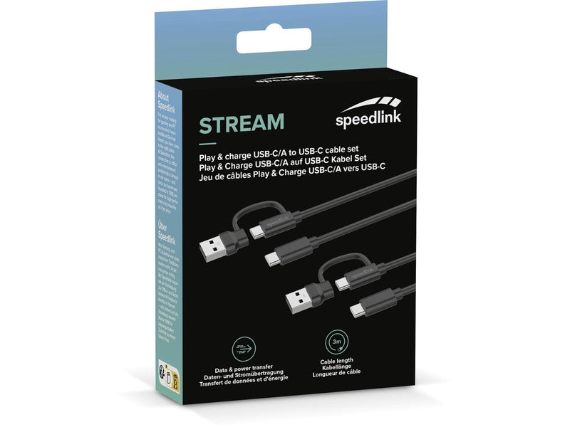 Speed-Link STREAM Play + Charge USB-C/A to USB-C Cable Set - Black - Wired Charging cable for wireless game controller - Sony Pl