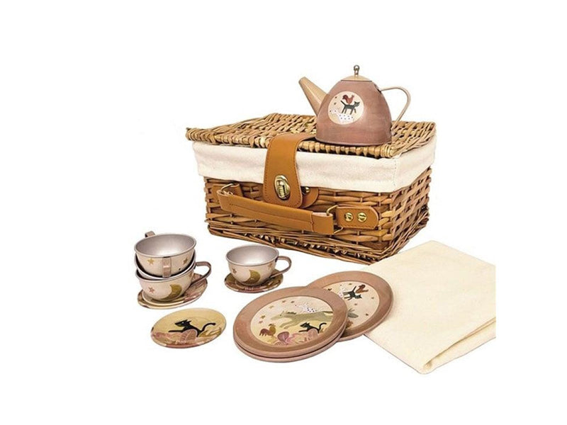 Egmont Toys Tin Tea Set Musicians of Bremen in a Wicker Basket