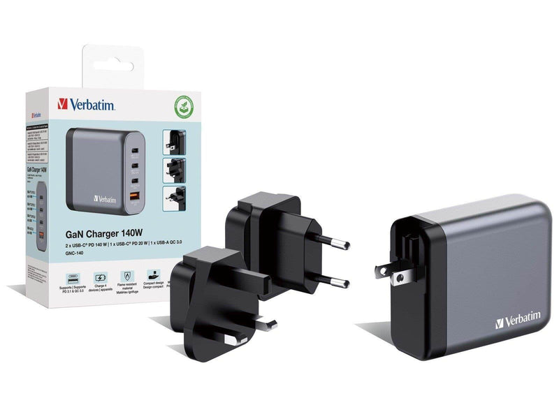 Verbatim power adapter - GaN - 3 x USB-C USB - 140 Watt