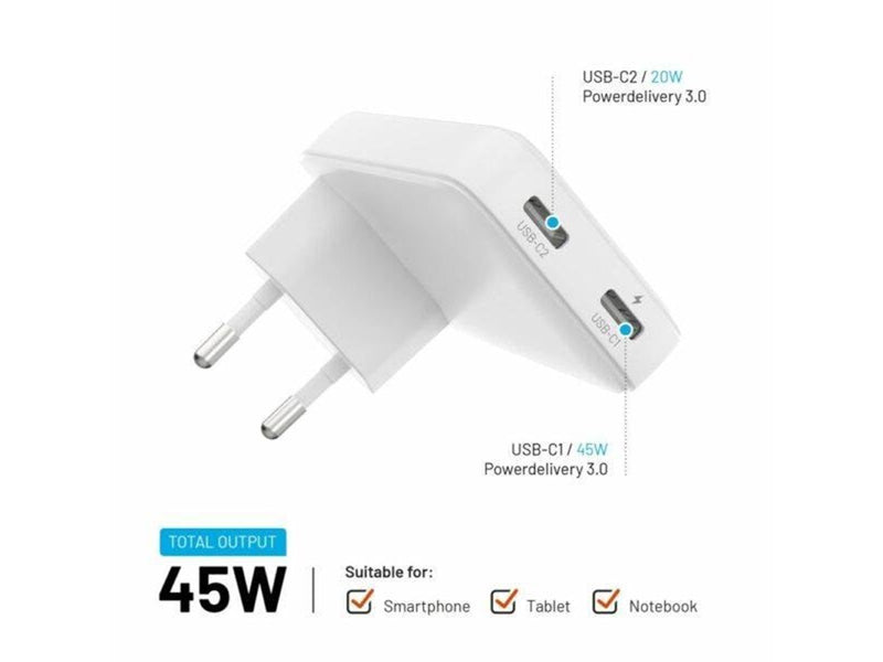FIXED Slim GaN 90° Super Fast 2x USB-C charger 45W - White