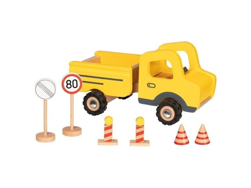 Goki Wooden Work Vehicle with Traffic Signs 7 pcs.