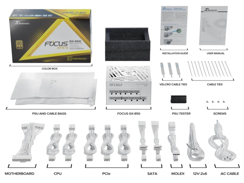 Seasonic FOCUS GX-850 ATX 3 White (2024) Netzteile - 850 Watt - 135 mm - ATX 3.1 - 80 Plus Gold zertifiziert