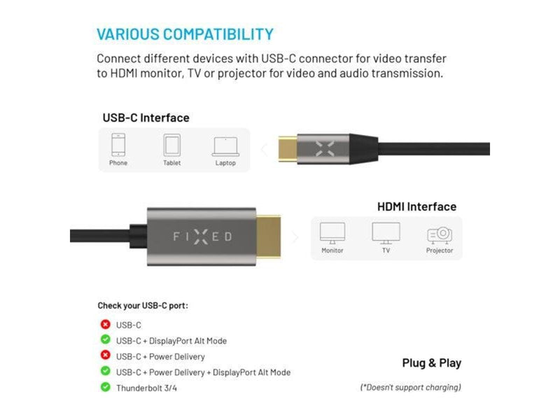FIXED USB-C to HDMI 4K/60 Hz USB 3.1 Gen2 cable 2m - Black