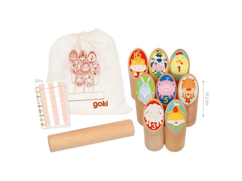 Wooden Viking Game Animals Kubb in Cotton Bag