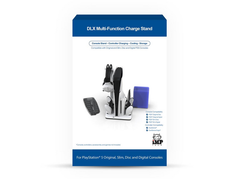 iMP TECH DLX Stand - Charges Controllers(inc. Edge) 3sp Fan w. game headset and remote store - Sony PlayStation 5