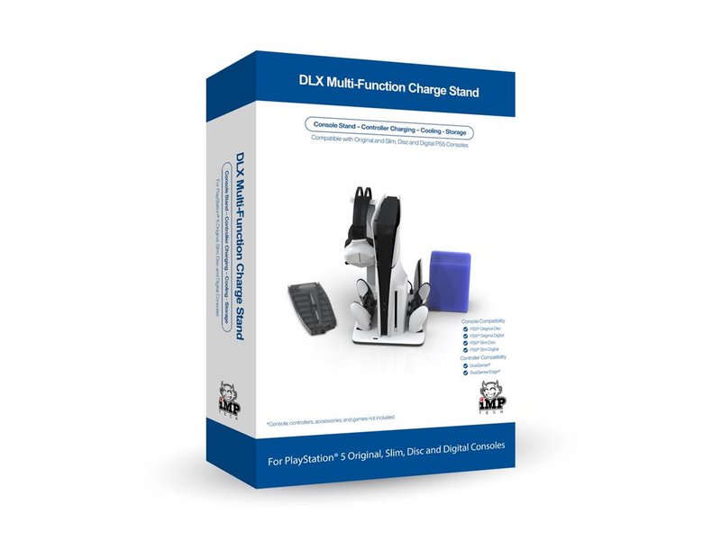 iMP TECH DLX Stand - Charges Controllers(inc. Edge) 3sp Fan w. game headset and remote store - Sony PlayStation 5