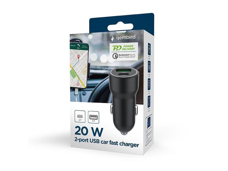 Gembird Car Power Adapter - USB Type-A & C PD - 20W
