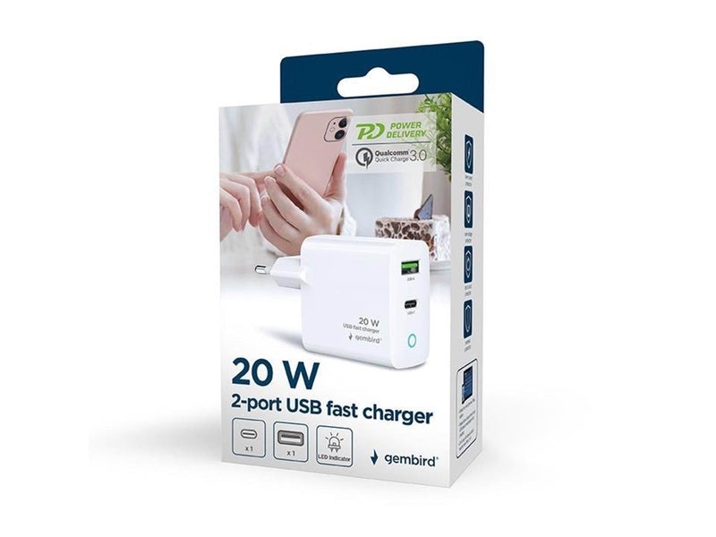 Gembird Universal USB charger with LED QC 3.0 & PD 20W 2-port - White