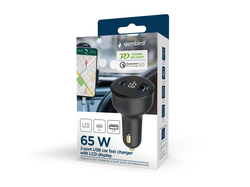 Gembird Car Power Adapter with LCD display - USB Type-C PD - 65W