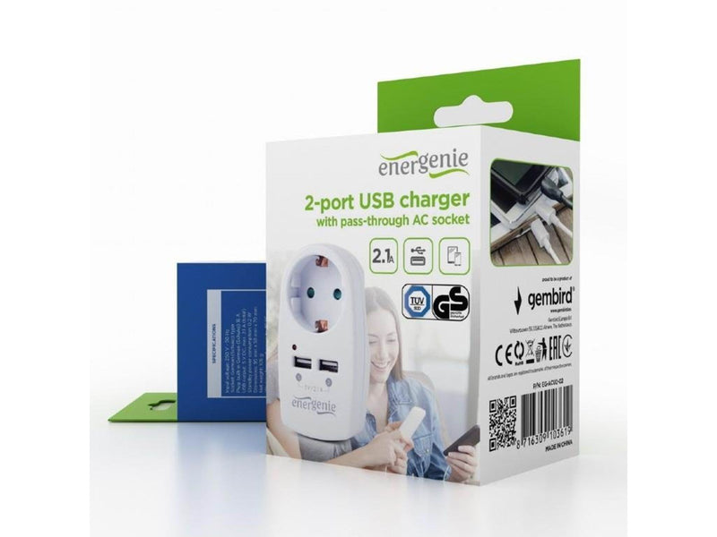 Gembird Universal USB charger with pass-through AC - 2 ports - 2.1 A - White