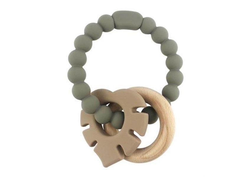 Magni Teether bracelet in LFGB silicone with wooden ring and leaf appendix - Green