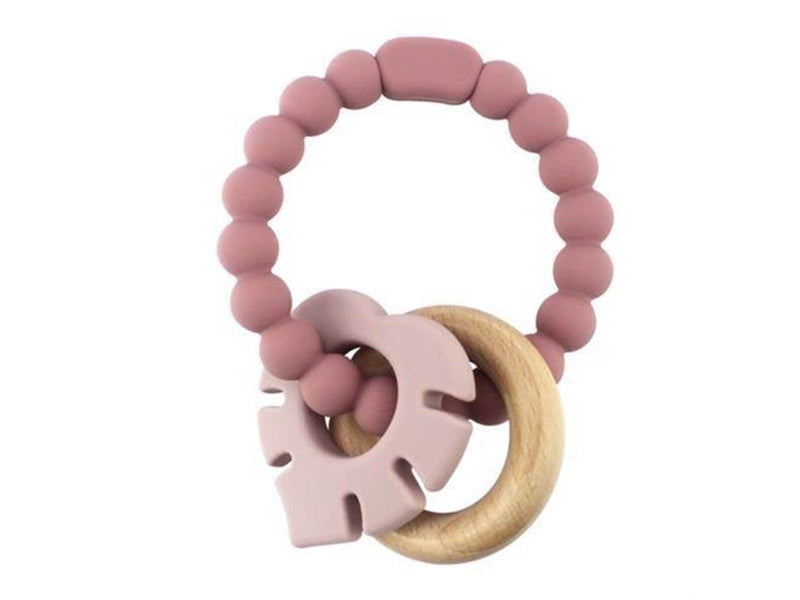 Magni Teether bracelet in LFGB silicone with wooden ring and leaf appendix - Red
