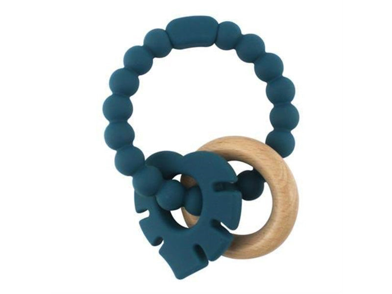Magni Teether bracelet in LFGB silicone with wooden ring and leaf appendix - Blue