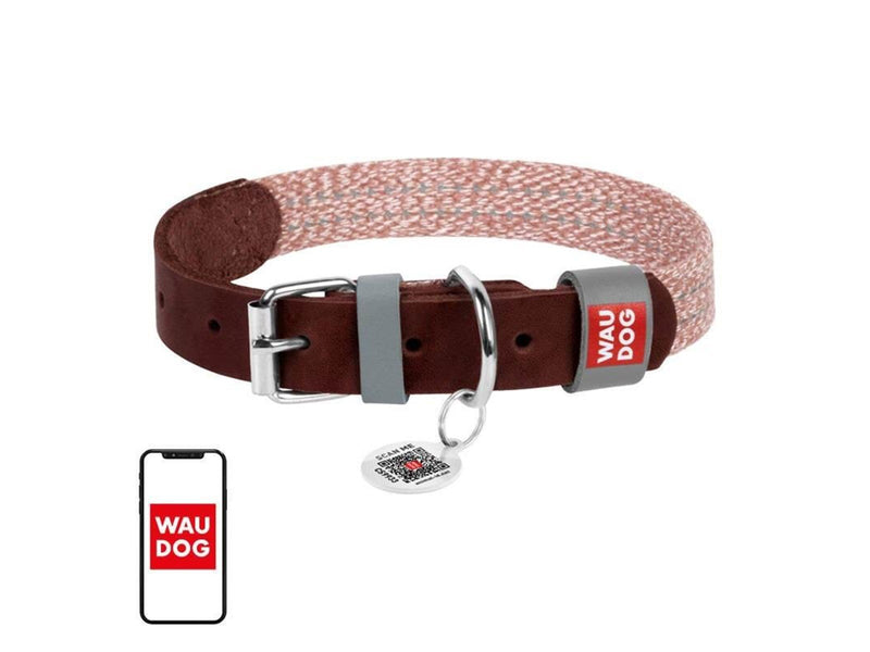 Waudog Dog collar in natural leather with QR code size S width 15 mm (brown)