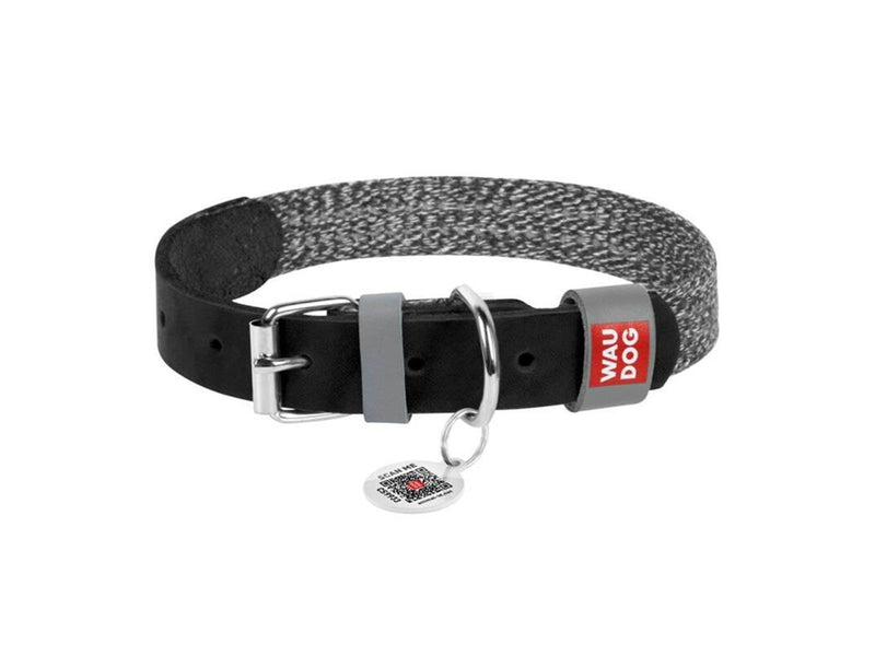 Waudog Dog collar made of natural leather with QR code size S width 15 mm black