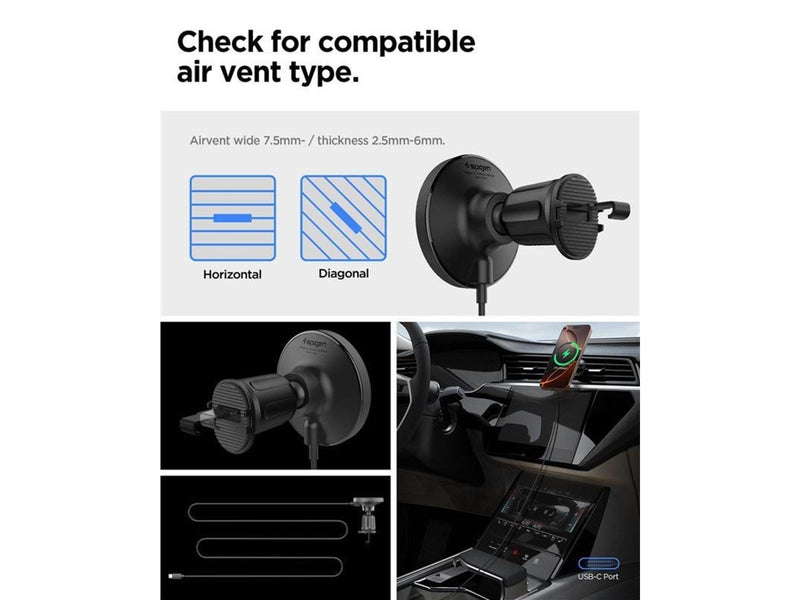 Spigen OneTap Pro 4 MagSafe Car Mount Charger - Wireless / AirVent Hook - Black