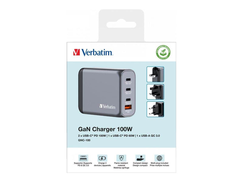 Verbatim power adapter - GaN - 3 x USB-C USB - 100 Watt