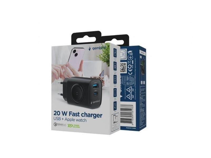 Gembird 2-in-1 20W Apple Watch + phone fast charger - Black