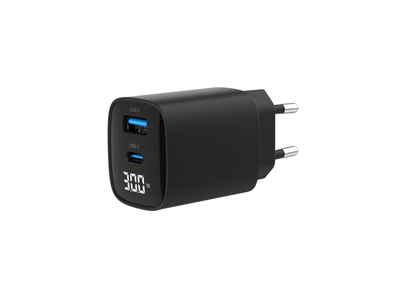 Gembird Universal GaN USB charger with LCD QC 3.0 & POD 30W 2-port - Black