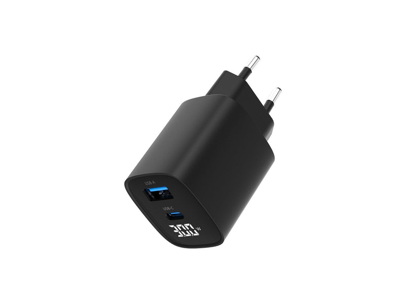 Gembird Universal GaN USB charger with LCD QC 3.0 & POD 30W 2-port - Black