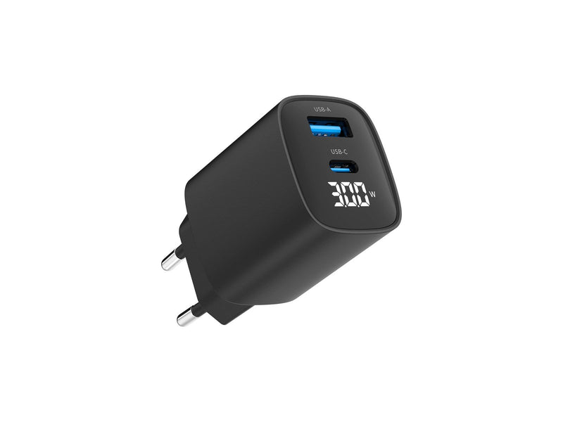 Gembird Universal GaN USB charger with LCD QC 3.0 & POD 30W 2-port - Black