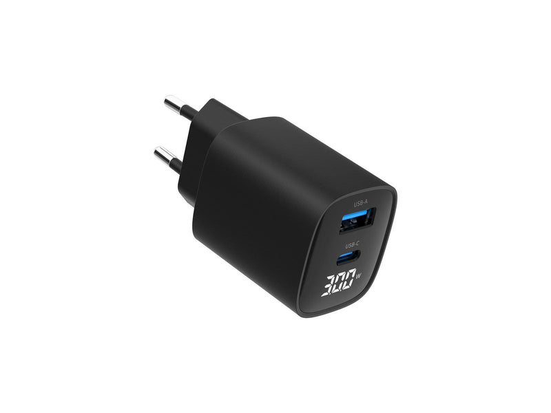 Gembird Universal GaN USB charger with LCD QC 3.0 & POD 30W 2-port - Black