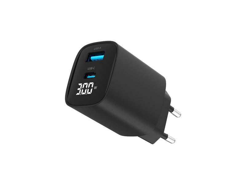 Gembird Universal GaN USB charger with LCD QC 3.0 & POD 30W 2-port - Black