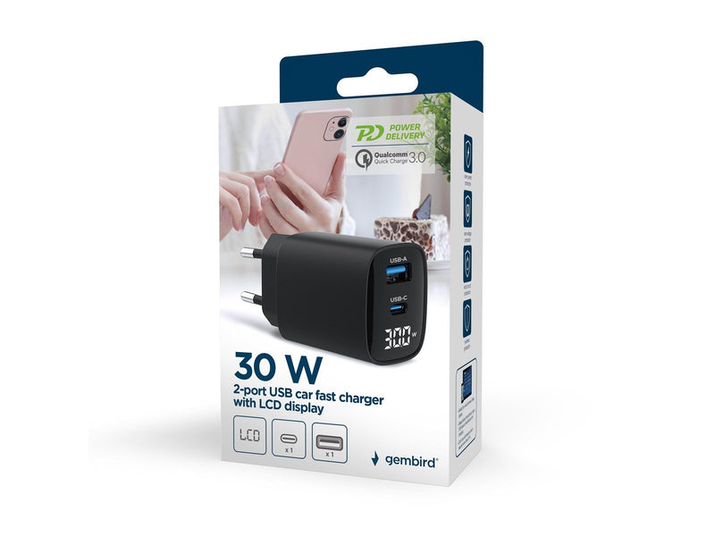 Gembird Universal GaN USB charger with LCD QC 3.0 & POD 30W 2-port - Black