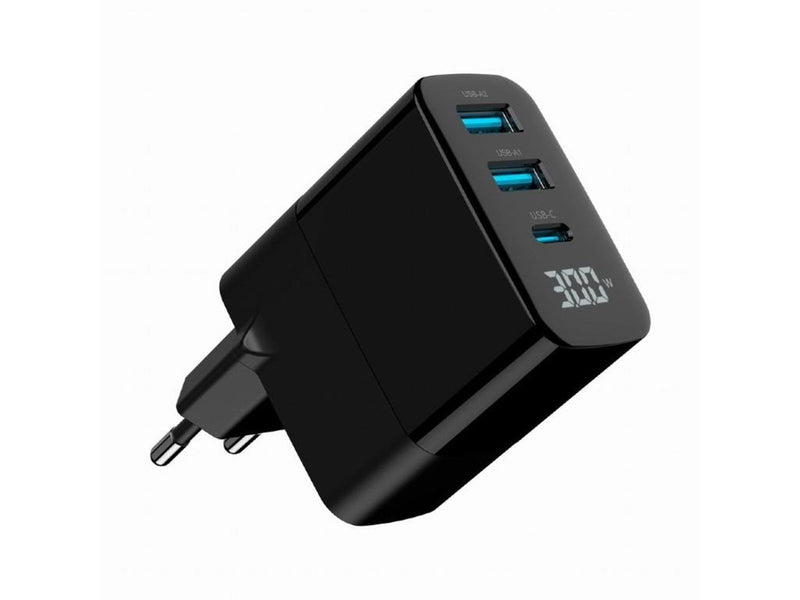 Gembird Universal GaN USB charger with LCD QC 3.0 & POD 30W 3-port - Black