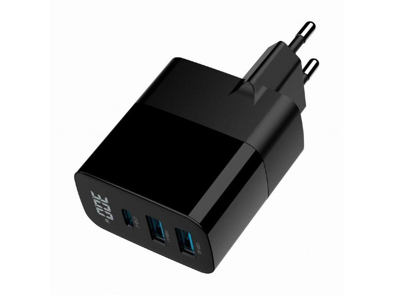 Gembird Universal GaN USB charger with LCD QC 3.0 & POD 30W 3-port - Black