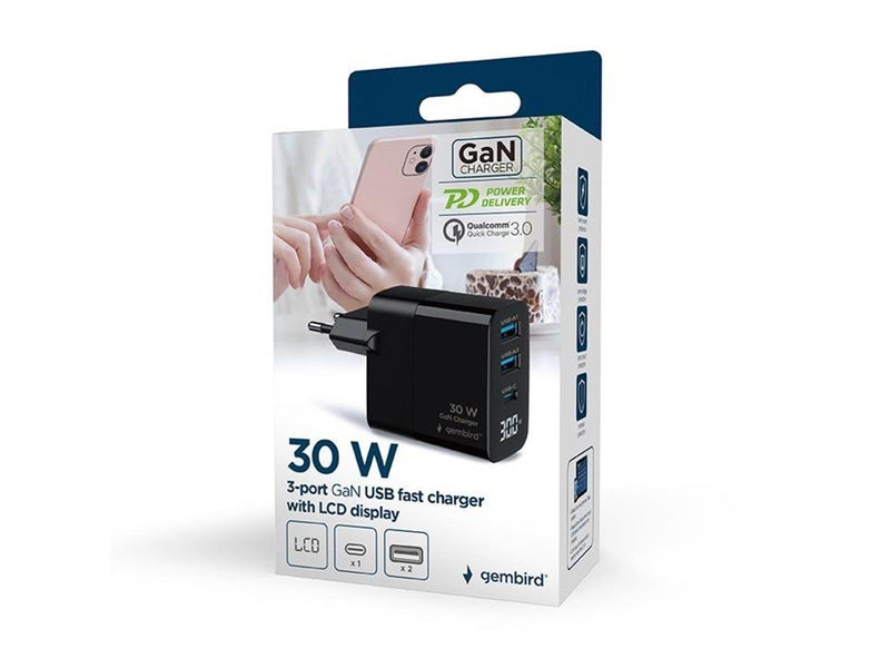 Gembird Universal GaN USB charger with LCD QC 3.0 & POD 30W 3-port - Black