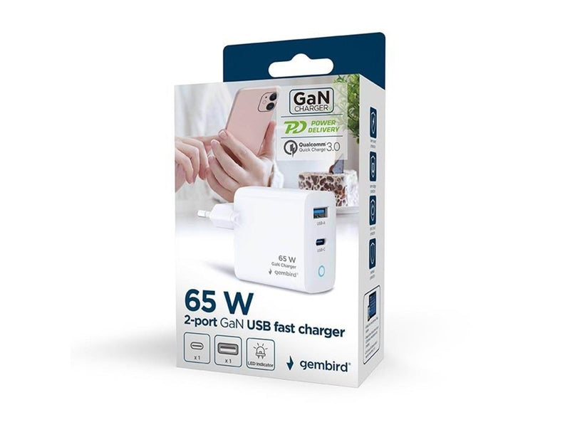 Gembird Universal GaN USB charger with LED QC 3.0 & PD 65W 2-port - White