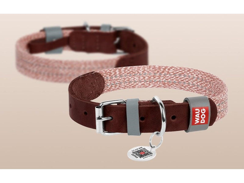 Waudog Dog collar made of natural leather with QR code size L width 25 mm brown