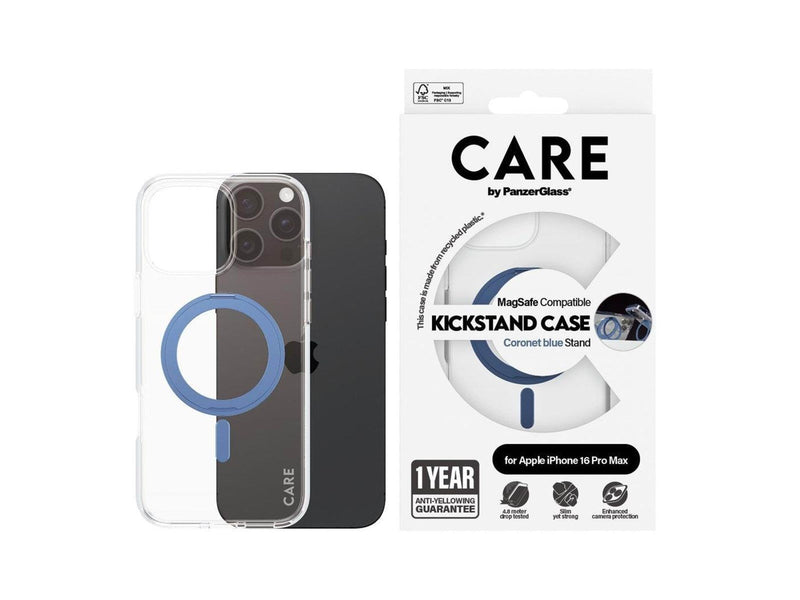 CARE by PanzerGlass Feature Case Transparent w. Blue Kickstand & MagSafe iPhone 16 Pro Max