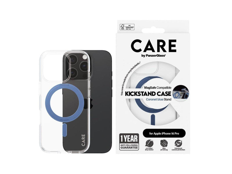 CARE by PanzerGlass Feature Case Transparent w. Blue Kickstand & MagSafe iPhone 16 Pro