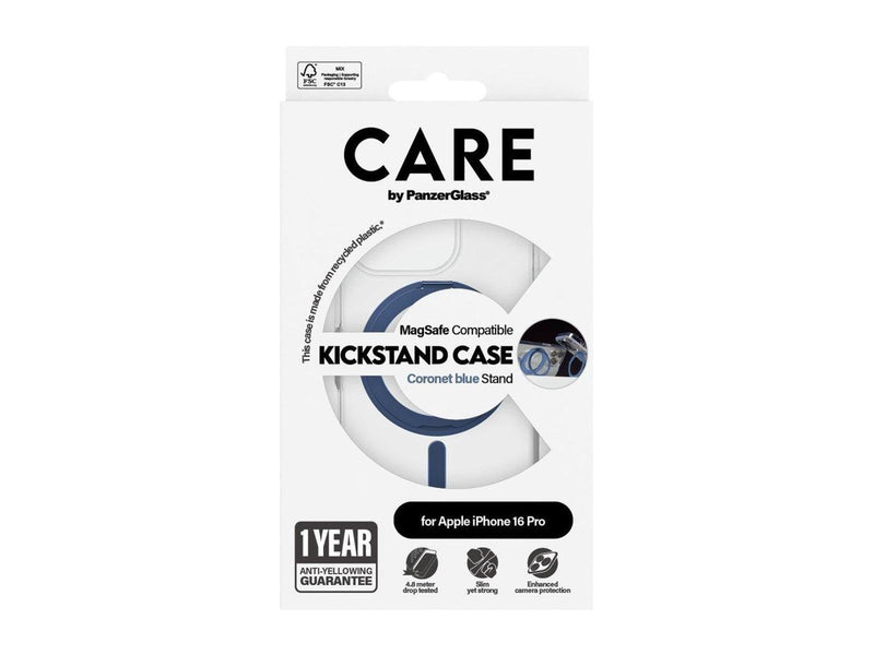CARE by PanzerGlass Feature Case Transparent w. Blue Kickstand & MagSafe iPhone 16 Pro