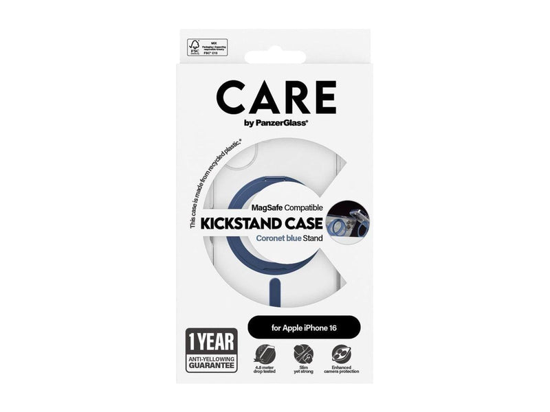 CARE by PanzerGlass Feature Case Transparent w. Blue Kickstand & MagSafe iPhone 16