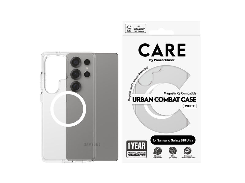 CARE by PanzerGlass Flagship Case Transparent Urban Combat w. White QI Compatible Samsung Galaxy S25 Ultra